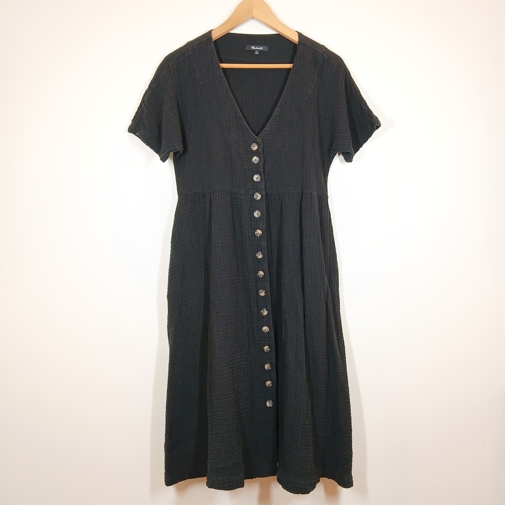 Madewell Midi Dress Womens Small Black Cotton Double Gauze Button Front V-Neck